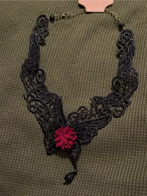 Goth Black Lace Choker Necklace with Red Flower Accent thumbnail 2