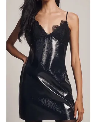 Anthropologie Faux Leather Lace-Trim Mini Dress in Navy thumbnail 2