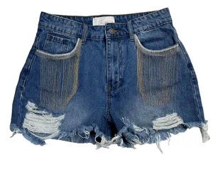 Blush Beaded Fringe Frayed Distressed Denim Shorts‎ High Rise Size Medium/28 thumbnail 1