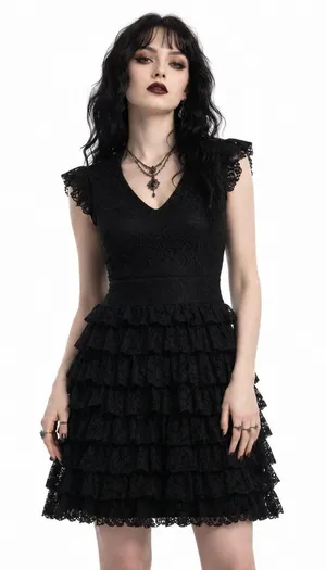Guess Lace Tiered Ruffle Mini Dress Witchy Black V-Neck Whimsigoth Witchy Size S thumbnail 1