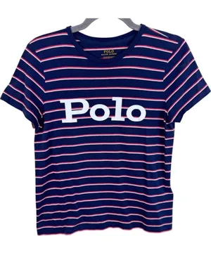 Polo Ralph Lauren Womens Navy Blue Red Striped Logo Graphic T-Shirt Size S thumbnail 1