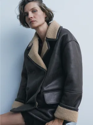 Zara Black Faux Leather Pea Coat with Cream Shearling Collar thumbnail 8