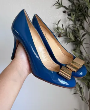 Kate Spade Karolina Blue Patent Leather Pumps with Gold Bow thumbnail 1