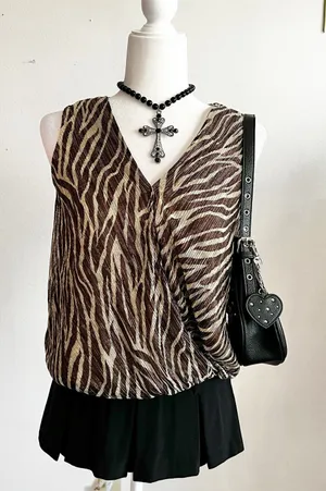 Y2K Brown Zebra Print Wrap Tank Top, Animal‎ Print, 2000s, XS, Vintage Inspired thumbnail 1