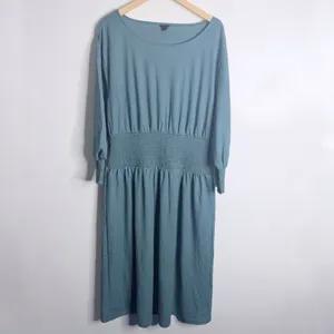 NWOT Ann Taylor Smocked Waist Flare Midi Dress Large Teal Casual Minimalist Work thumbnail 2
