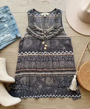Solitaire Beaded Boho Tunic Tank Top Gray Paisley Ruffle Hem‎ Sleeveless Medium thumbnail 1