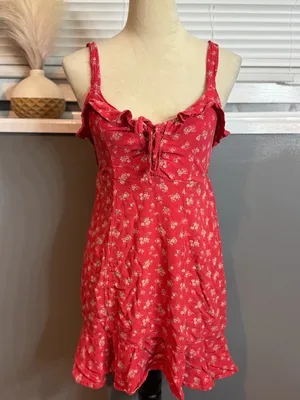 American Eagle Red Floral Mini Dress Size M Ruffle Lace Up Smocked Back Sundress thumbnail 3