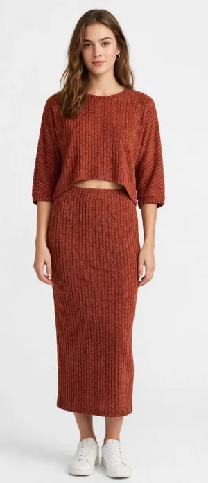 NWOT SHEIN Rust Ribbed Two Piece Crop Top Midi Skirt Set Small thumbnail 1