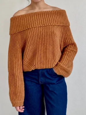 Lulu’s Brown Knit Slouchy Sweater Off the Shoulder Cozy Comfy Size L thumbnail 1