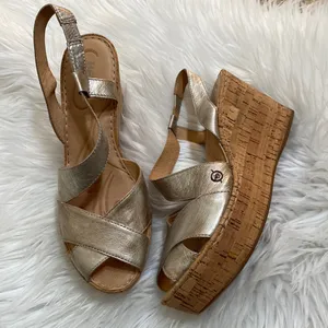 Born Criss cross metallic leather cork platform slingback Summer wedges thumbnail 1