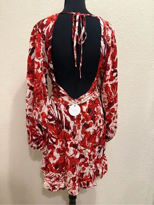 En Creme Floral Mini Dress Boho Cottagecore Open Back Plunge Long Sleeve M thumbnail 6