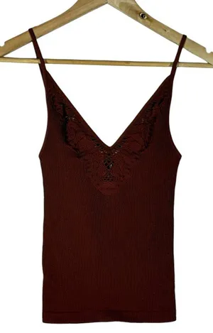 Free People Intimately Ribbed Crochet Lace V-Neck Cami Tank Top Rust Size M/L thumbnail 1
