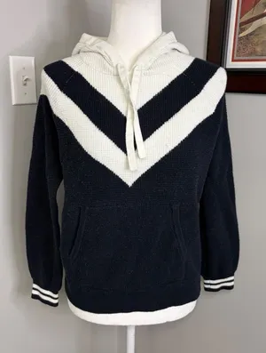 Faherty Organic Cotton Cashmere Chevron Knit Hoodie Navy Cream XS thumbnail 1