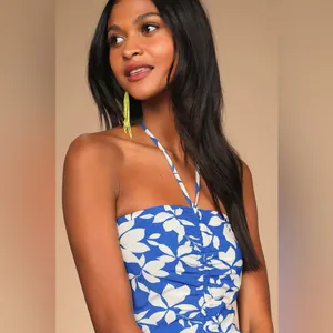 LULUS Show Off Time Blue Floral Print Ruched Halter Bodycon Dress Size XL NWT thumbnail 9