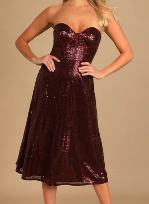 Lulus Boost Your Beauty Wine Red Sequin Strapless Bustier Midi Dress size XS thumbnail 1