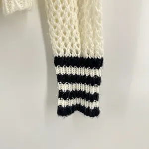 Elan Womens Cream Mock Neck Open Knit Sweater Black Stripe Cuff‎ Detail Medium thumbnail 4
