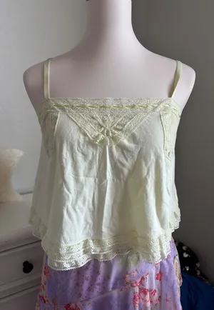 Lace Trim Cami Top Sparkle & Fade Pastel Yellow Babydoll Cottagecore Tank Medium thumbnail 1