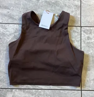 Quince Womens Espresso Brown High Neck Longline Sports Bra Racerback Size S NWT thumbnail 1