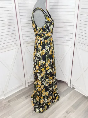 Aidan Mattox Floral Pleat V Neck Front Slit Formal Maxi Dress Black Yellow 8 thumbnail 4