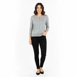 Ann Taylor Gray Rhinestone Collar Trim Button Down 3/4 Sleeve Cardigan Sweater S thumbnail 7