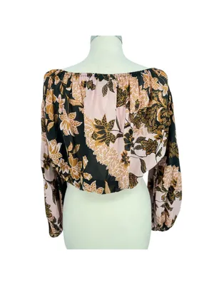 Vici Floral Boho Festival Off-Shoulder Puff Sleeve Blouse Pink Black Size Small thumbnail 5