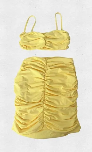 Butter Yellow Ruched Two Piece Set Small Crop Top Mini Skirt Going Out Party thumbnail 1