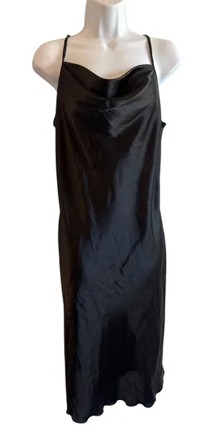 Vintage Y2K‎ Bebe Cowl Neck Slip Dress Med Black Satin Maxi Minimalist Cocktail thumbnail 1