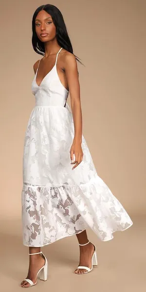 NWT Lulus Feeling Like Forever White Jacquard Organza Lace-Up Midi Dress Size S thumbnail 1
