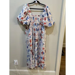 Nobody's Child Nova Print Puff Sleeve Maxi Dress Nautical Linen‎ Beach Shells thumbnail 5