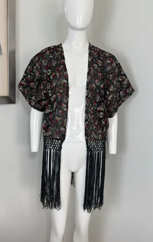 Forever 21 Women’s Sheer Kimono Cardigan Black Embroidered Fringe Boho Festival Size S thumbnail 1