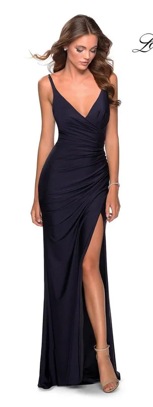 La Femme Navy Ruched Jersey V-Neck Slit Formal Gown Dress Tie Up Back Size 0 thumbnail 1