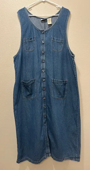 Vintage 90s Denim Dress Womens 2XL Midi Flare Button Front Western Festival thumbnail 1