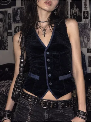 Vintage Guess Blue Velour Vest Y2K Steampunk Indie Sleaze 90s Grunge Goth thumbnail 1