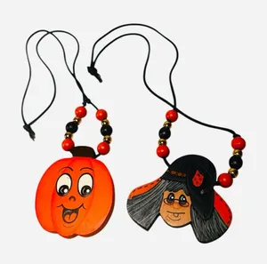 Handmade Vintage Painted Wood Pumpkin Jack O Lantern & Witch Country Craft Necklace (2) thumbnail 1