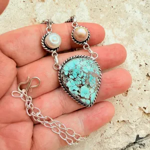Large Turquoise Pearl Statement Necklace Sterling Silver Overlay thumbnail 3
