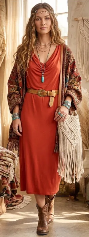 Peruvian Connection Draped Neck Stretch Jersey Midi Dress Rust Red Minimalist thumbnail 1