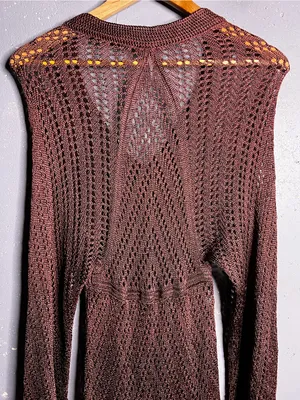FREE PEOPLE Knit Crochet V-Neck Long Sleeve Dress in Deep Brownish Color. Small thumbnail 4