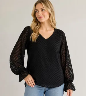 VICI Women’s Large Black Chevron Sheer Balloon Sleeve Blouse USA thumbnail 1