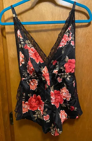NWOT Black and pink satin romper lingerie thumbnail 1