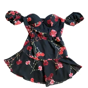 White Fox Black Red Floral Rose Off Shoulder Mini Dress Bustier‎ Large L thumbnail 2
