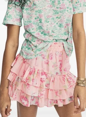 LoveShackFancy Pink Floral Tiered Mini Skirt M NWT Coquette Romantic HTF Silk thumbnail 1