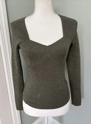 House of Harlow 1960 Small Sparkle Long Sleeve Rib‎ Knit Top Silver Green thumbnail 1