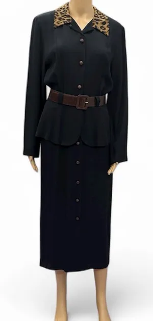 Studio I Vintage Black Leopard Collar Long Sleeve Belted Button Front Dress 10 thumbnail 1