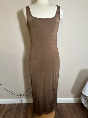 NA-KD Brown Shiny Sheen Square Neck Midi slip tank Dress women’s size Large NEW thumbnail 2