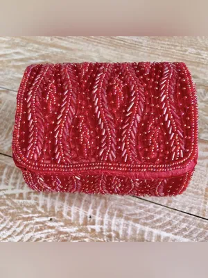 🪩 Handmade Bali Indonesia Red Hand Beaded Cylindrical Clutch Purse 🪩 thumbnail 7