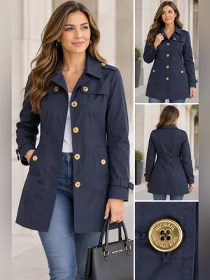 Michael Michael Kors Navy Blue Trench Coat Gold Buttons Women’s Size L thumbnail 2