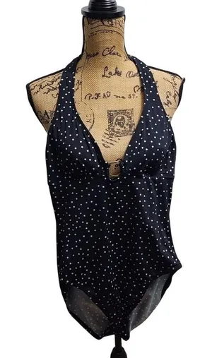 Navy Blue White Polka Dot Halter Neck‎ One Piece Swimsuit Ring Detail thumbnail 1