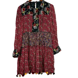 Zara Floral Patchwork Tiered Pompom Semi Sheer Peasant Mini Dress M Black Red thumbnail 13