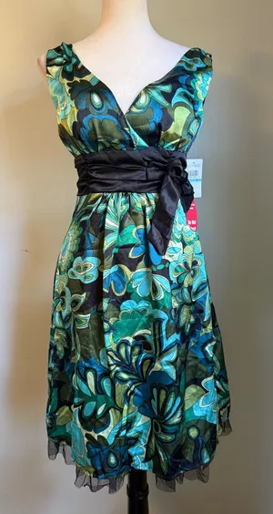 Love‎ Tease Green Aqua Floral Satin Fit Flare Dress Tulle y2k 5 NWT retro dainty thumbnail 1