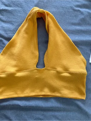 Urban Outfitters Mustard Yellow Ribbed Deep V Halter Crop Top Size Large NWT thumbnail 3